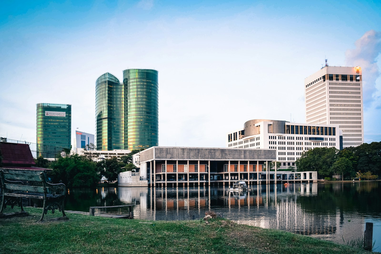 Office buildings by the water in the city